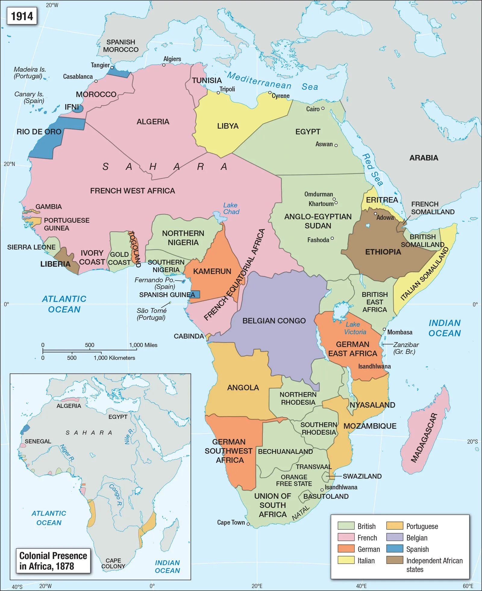 Historical map showing Africa from 1878 to 1914, illustrating the colonial partitioning